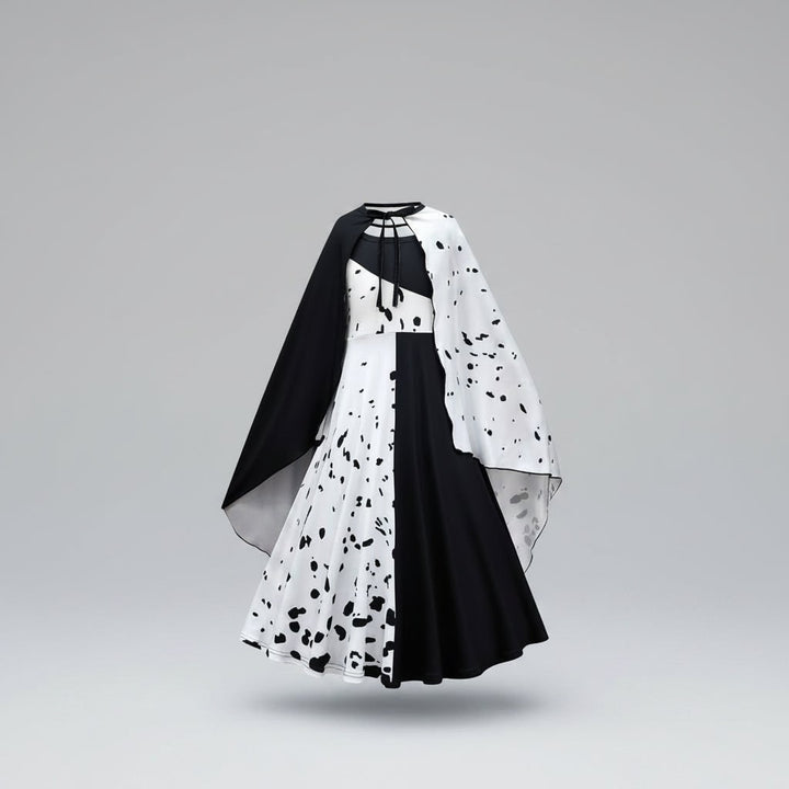 Kids' Halloween Black-and-White Fashion Villain Costume with Split Black and White Dress Cape