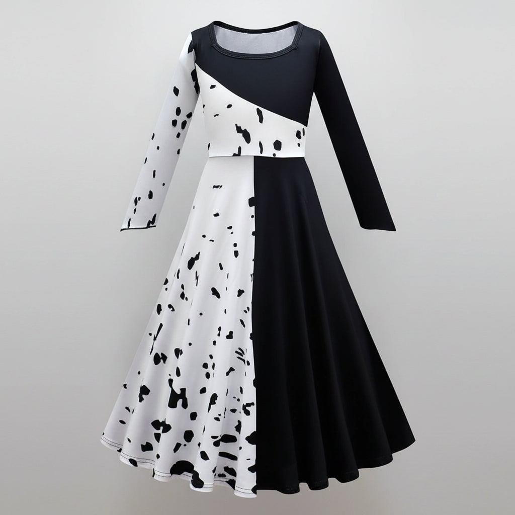 Kids' Halloween Black-and-White Fashion Villain Costume with Split Black and White Dress Cape