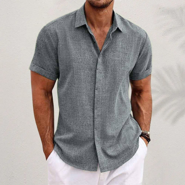 Men's Short-Sleeve Linen Shirt with Textured Surface
