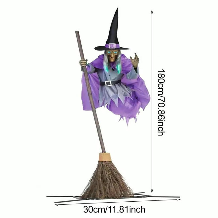 Life-Size Flying Witch Halloween Decor and Prop with Glowing LED Eyes and Broomstick Stand