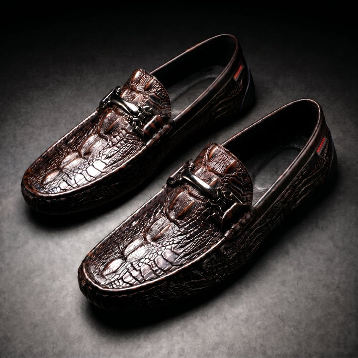 Men's Dress Shoes Loafers with Croc Embossed Leather and Metal Bit Detail