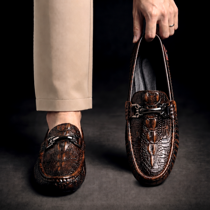 Men's Dress Shoes Loafers with Croc Embossed Leather and Metal Bit Detail