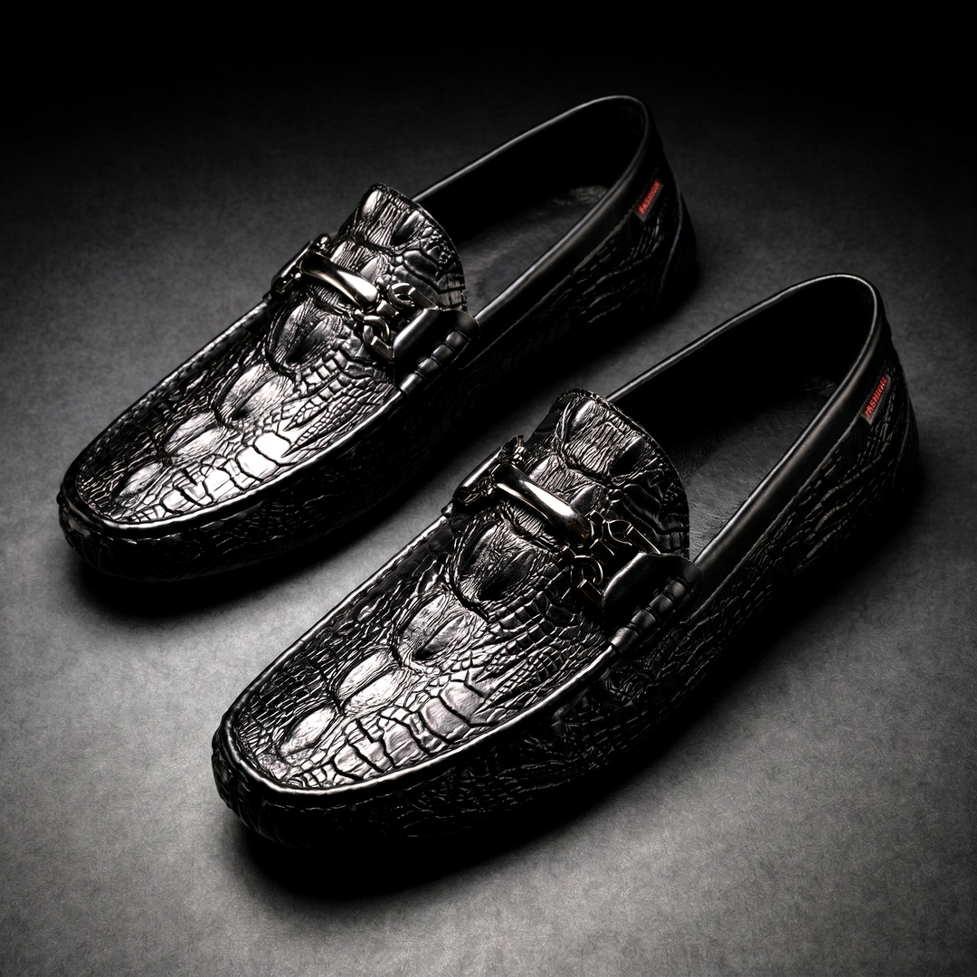 Men's Dress Shoes Loafers with Croc Embossed Leather and Metal Bit Detail