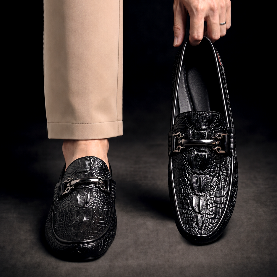 Men's Dress Shoes Loafers with Croc Embossed Leather and Metal Bit Detail