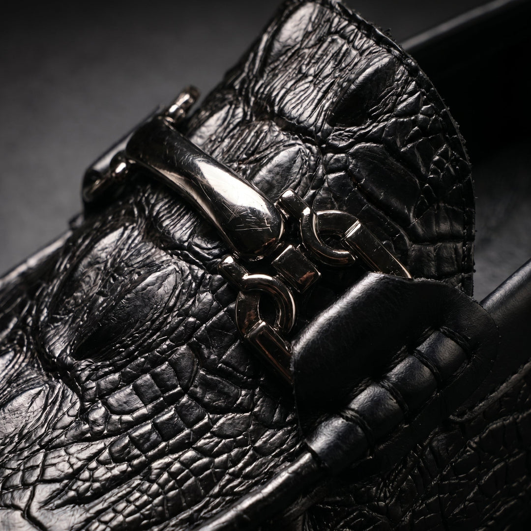Men's Dress Shoes Loafers with Croc Embossed Leather and Metal Bit Detail