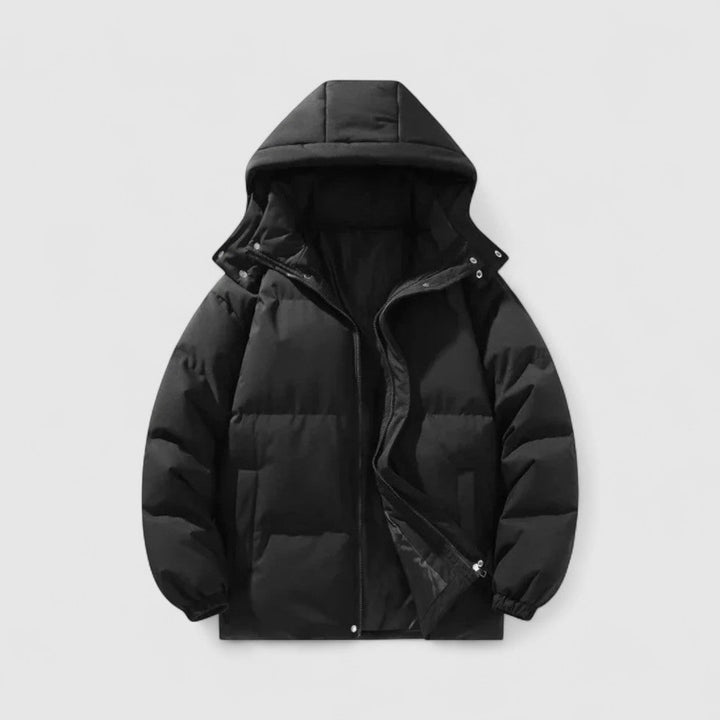 Men's Puffer Jacket with Detachable Hood and Quilted Design