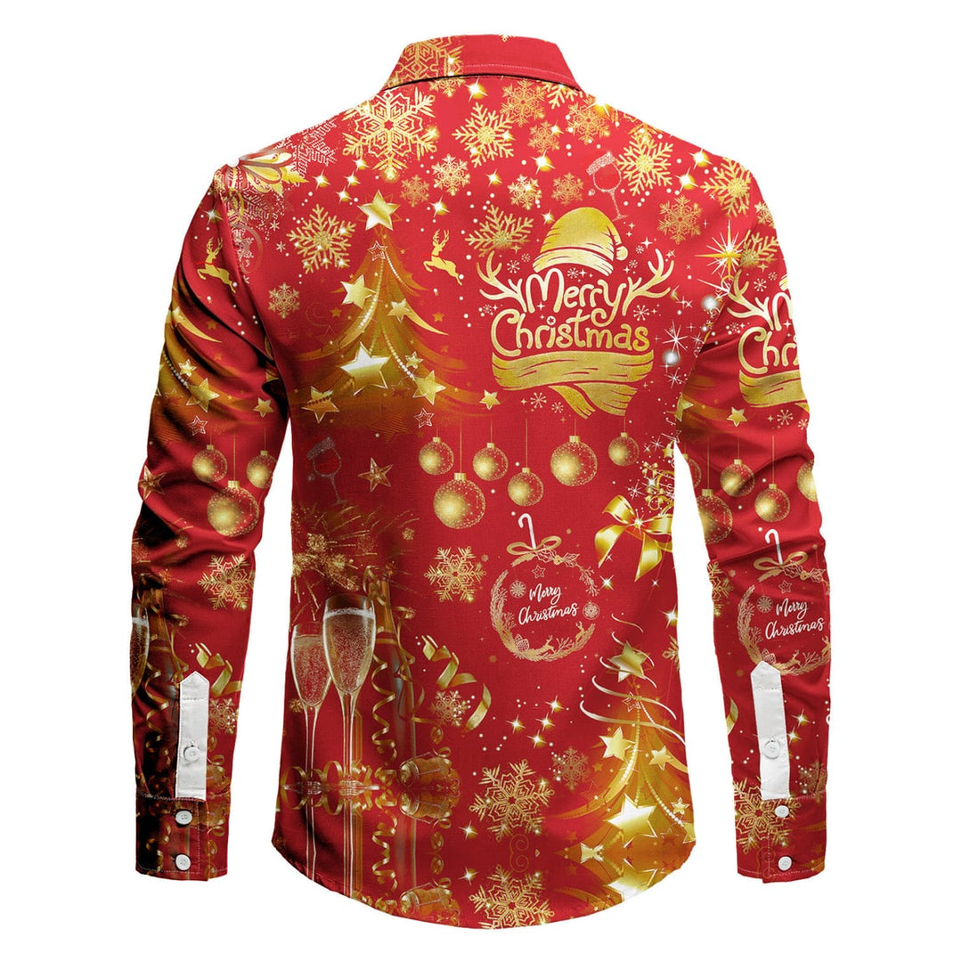 Men's White Button Up Christmas Shirt with Holiday Print and Spread Collar