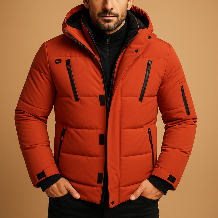 Men's Winter Jacket Hooded Puffer with Quilted Design and Multiple Zip Pockets