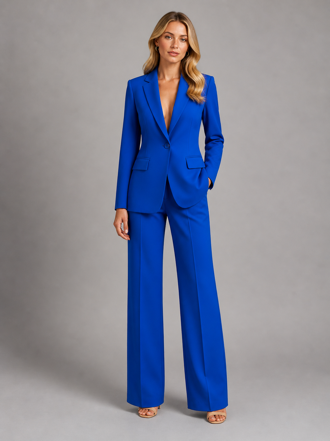 Women's Two-Piece Trouser Suit with Blazer and Wide-Leg Pants