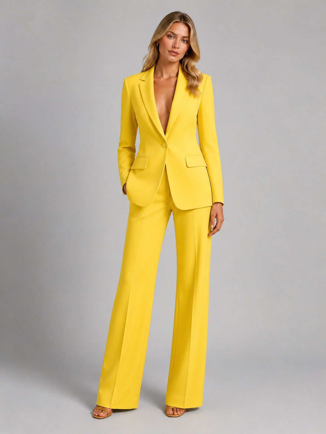 Women's Two-Piece Trouser Suit with Blazer and Wide-Leg Pants