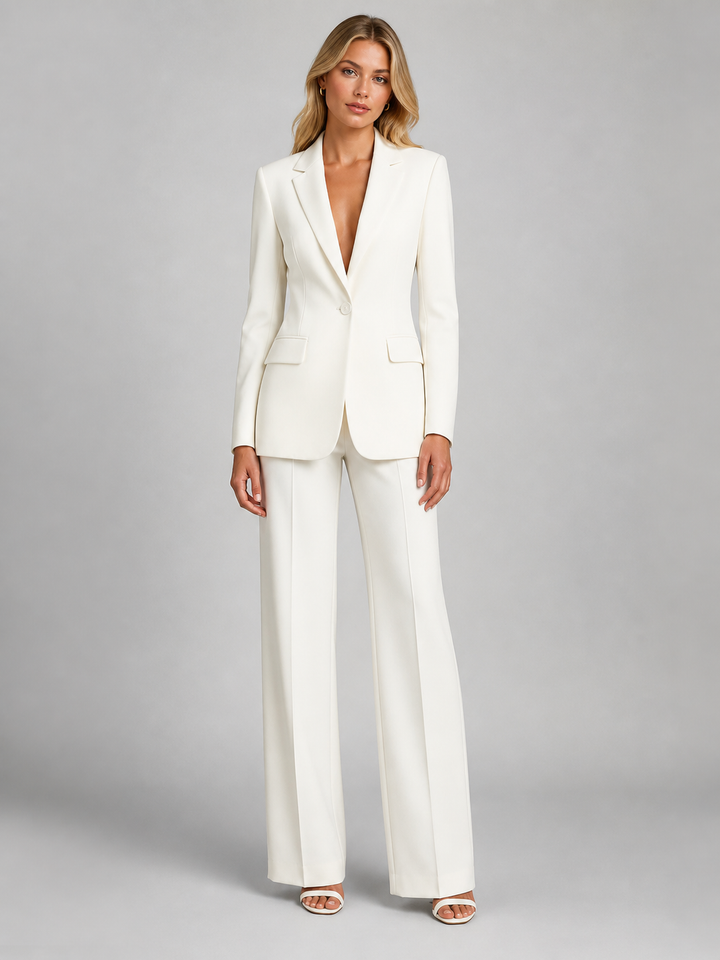Women's Two-Piece Trouser Suit with Blazer and Wide-Leg Pants