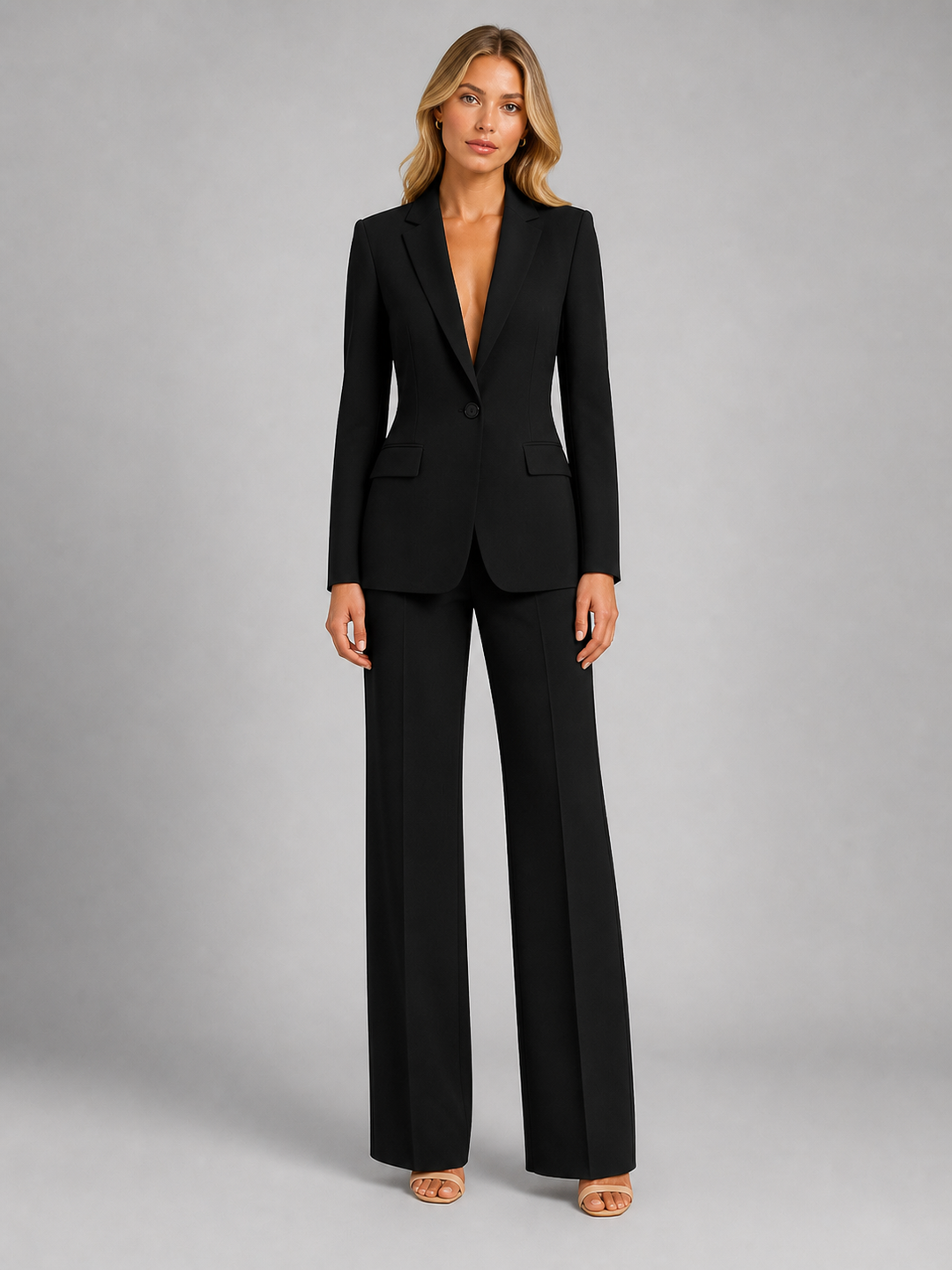 Women's Two-Piece Trouser Suit with Blazer and Wide-Leg Pants