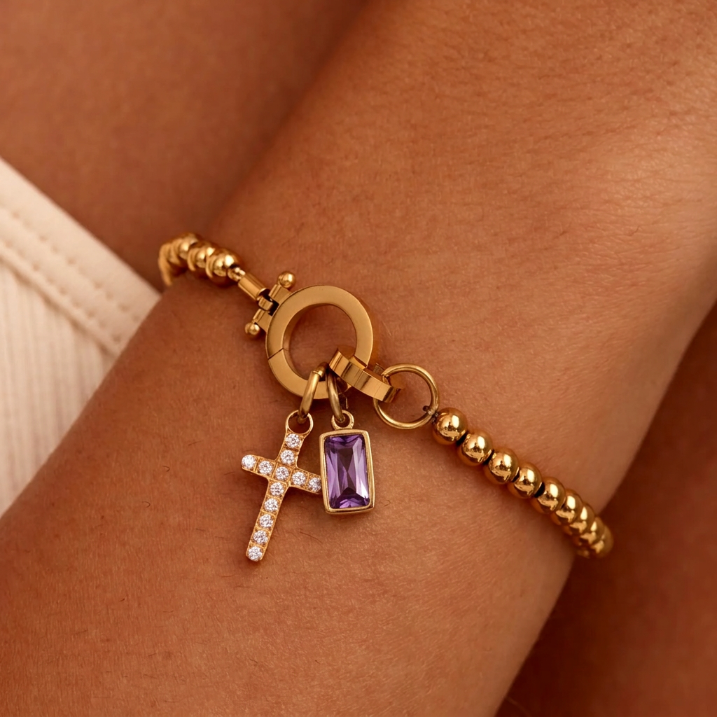 Nova Bead Birthstone Bracelet with Cross Pendant