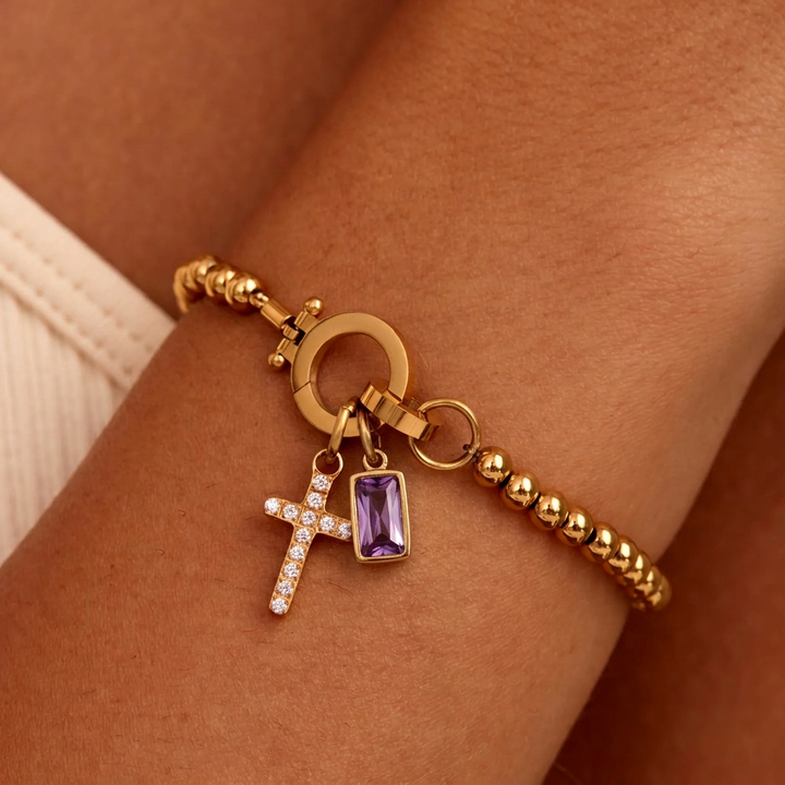 Nova Bead Birthstone Bracelet with Cross Pendant