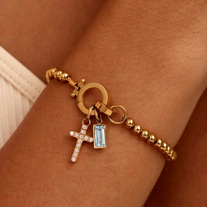 Nova Bead Birthstone Bracelet with Cross Pendant