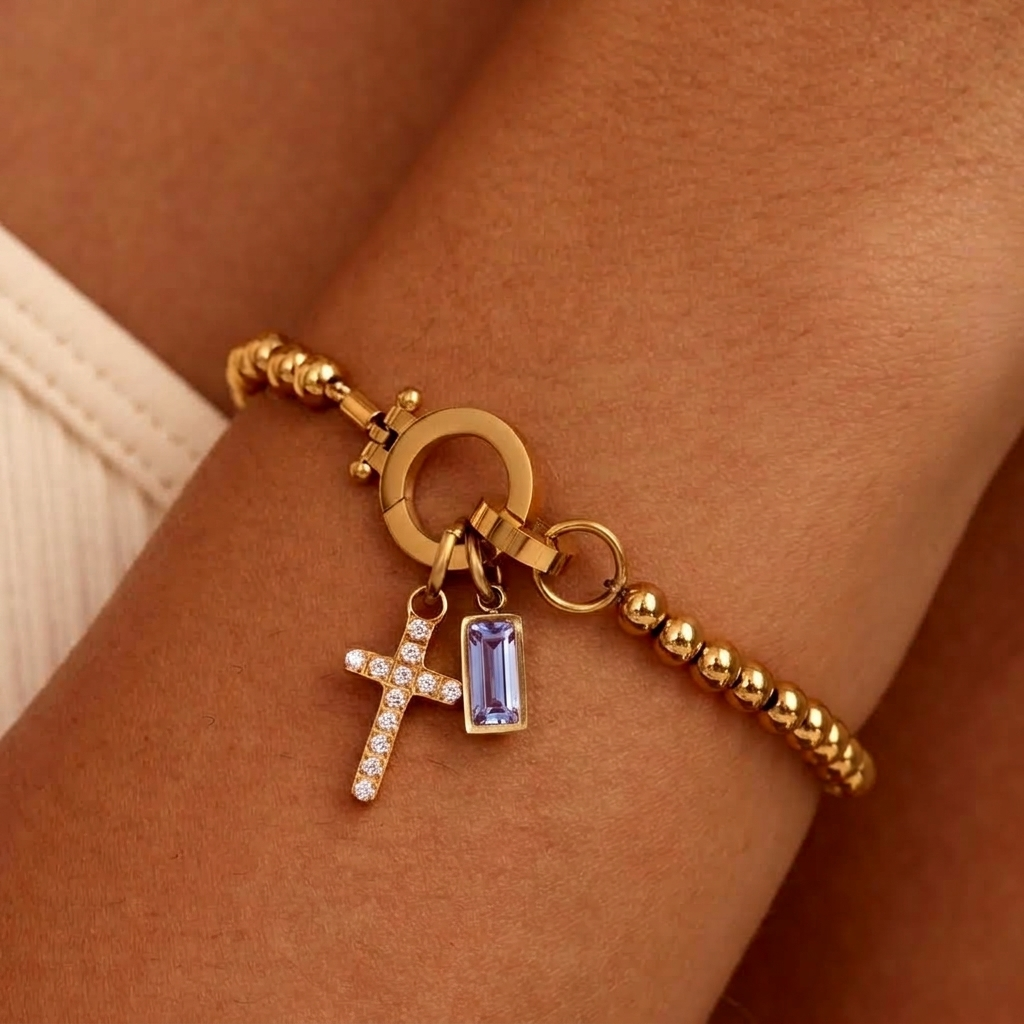 Nova Bead Birthstone Bracelet with Cross Pendant
