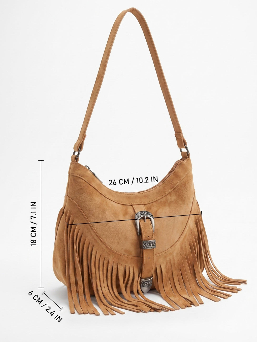 Women's Faux Suede Fringe Shoulder Bag with Buckle