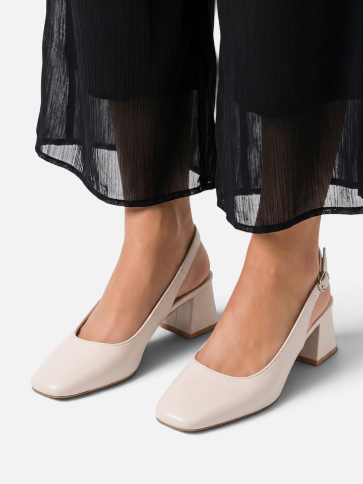 Women's Leather Square-Toe Slingback Pumps with Block Heel