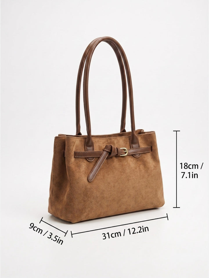 Women's Suede Tote Bag with Handles and Buckle