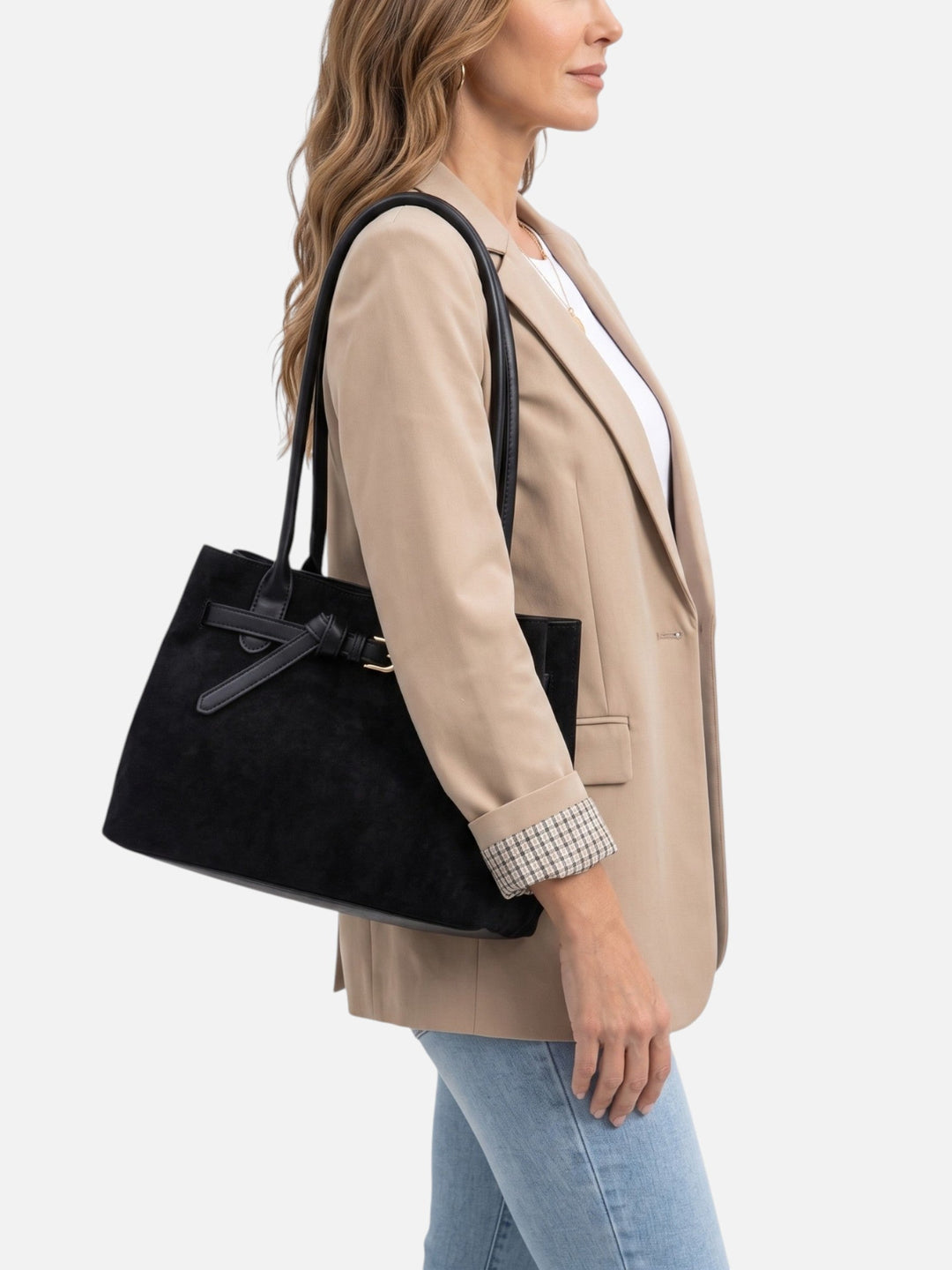 Women's Suede Tote Bag with Handles and Buckle