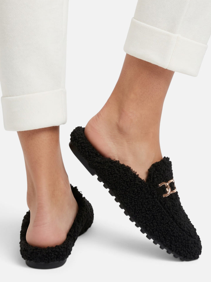 Women's Sherpa Loafer Mules with Chain