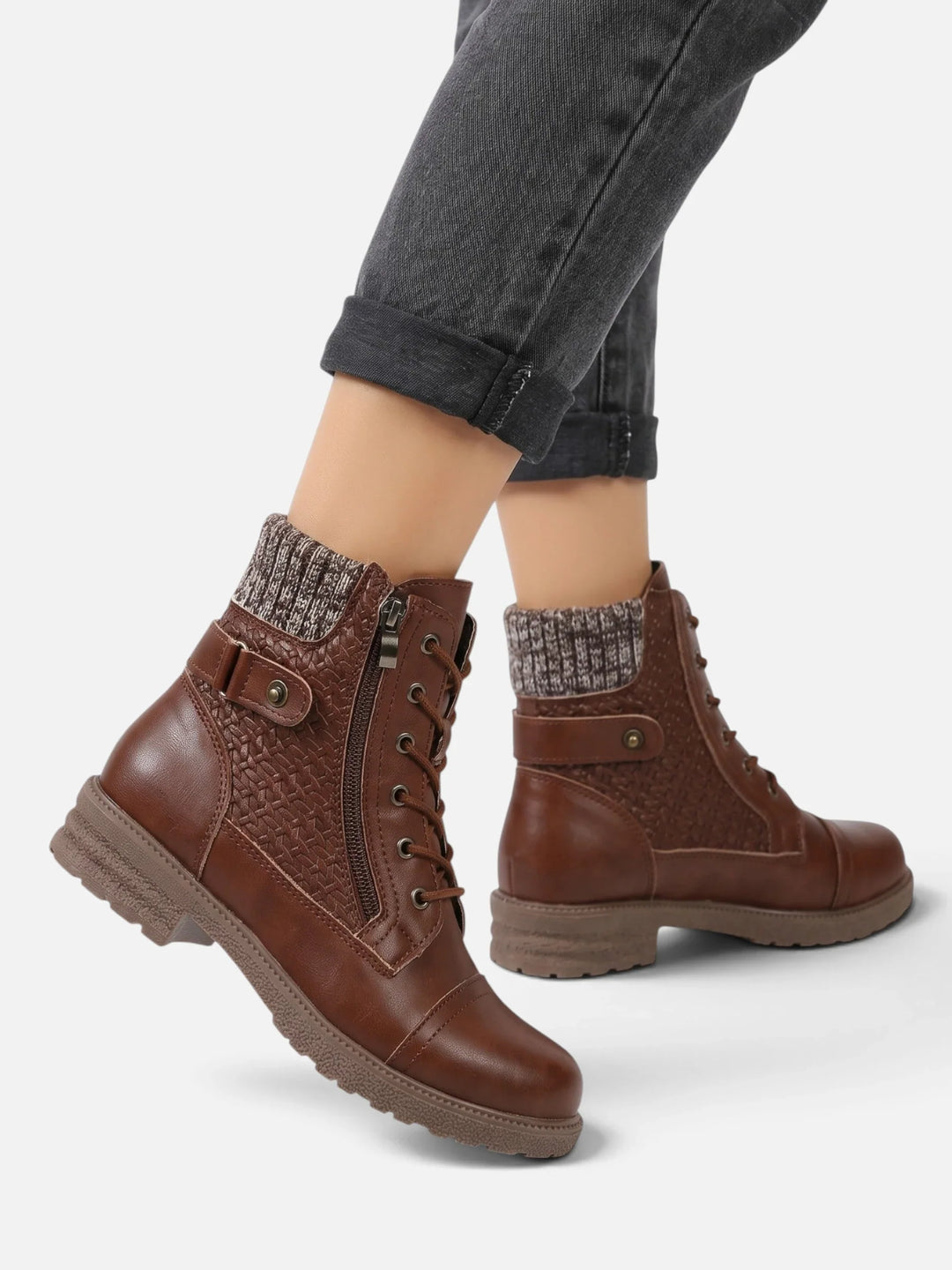Women's Leather Combat Boots with Knit Panel
