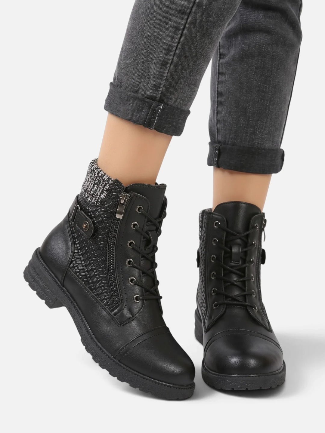 Women's Leather Combat Boots with Knit Panel