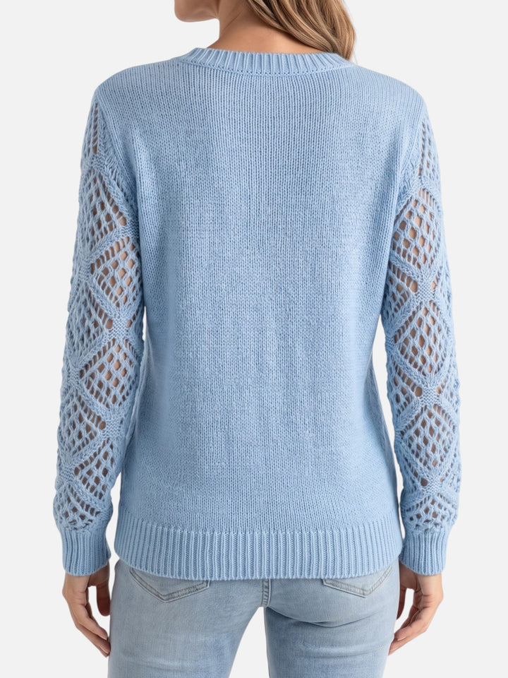 Women's V-Neck Crochet-Style Knit Sweater