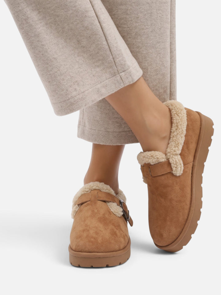Women's Faux Suede Sherpa Clogs with Buckle