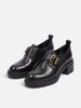 Women's Leather Buckle Loafers with Block Heel