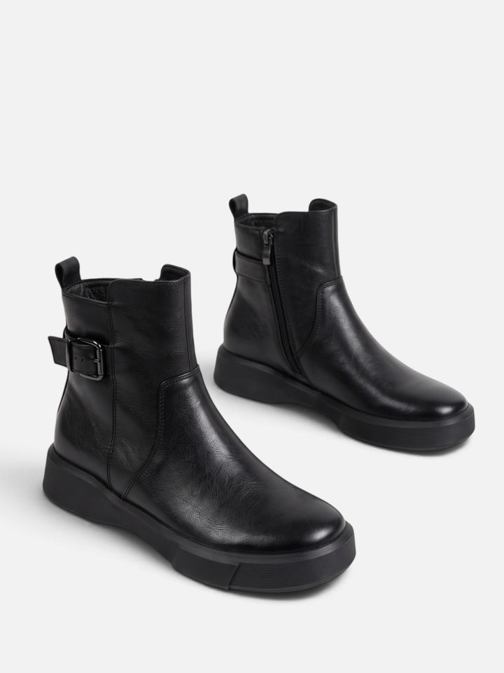 Women's Leather Buckle Ankle Boots with Chunky Sole