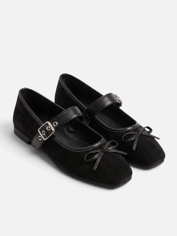 Women's Suede Mary Jane Ballet Flats with Bow & Buckle