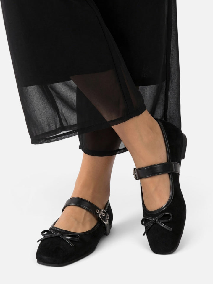 Women's Suede Mary Jane Ballet Flats with Bow & Buckle