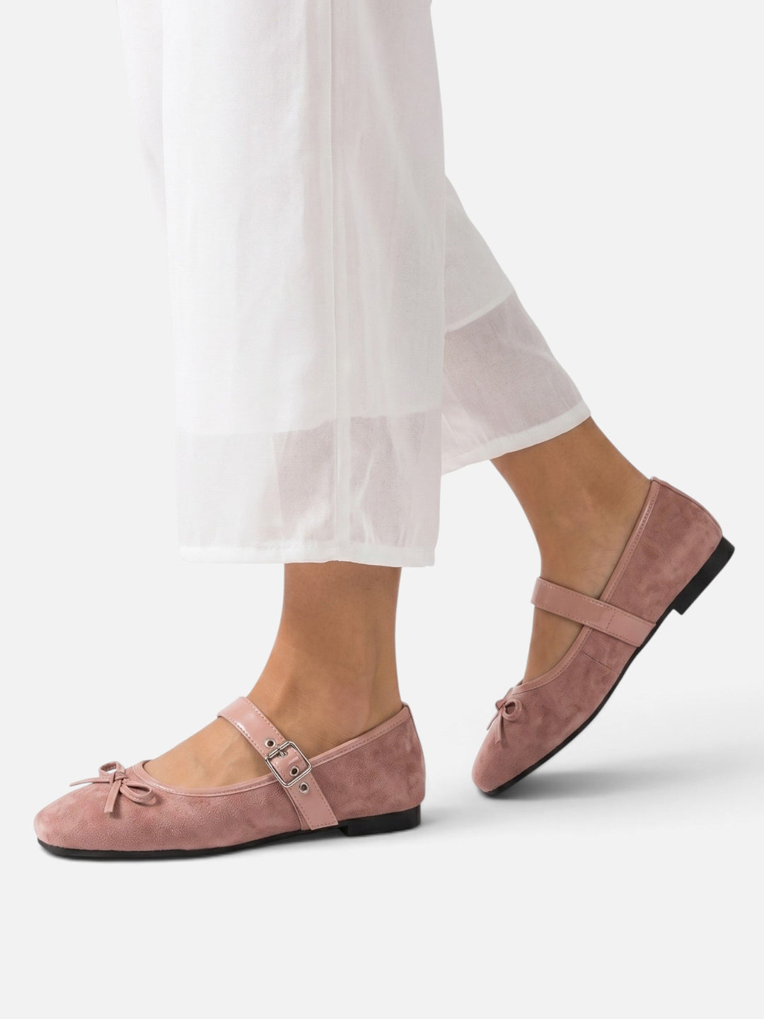Women's Suede Mary Jane Ballet Flats with Bow & Buckle