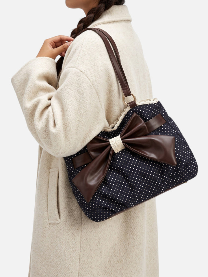 Women's Polka Dot Tote Bag with Bow and Lace Trim