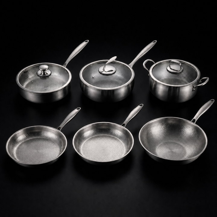 Hand-Hammered Titanium Cookware Set with 3 Lids (10, 11 and 12 inch)