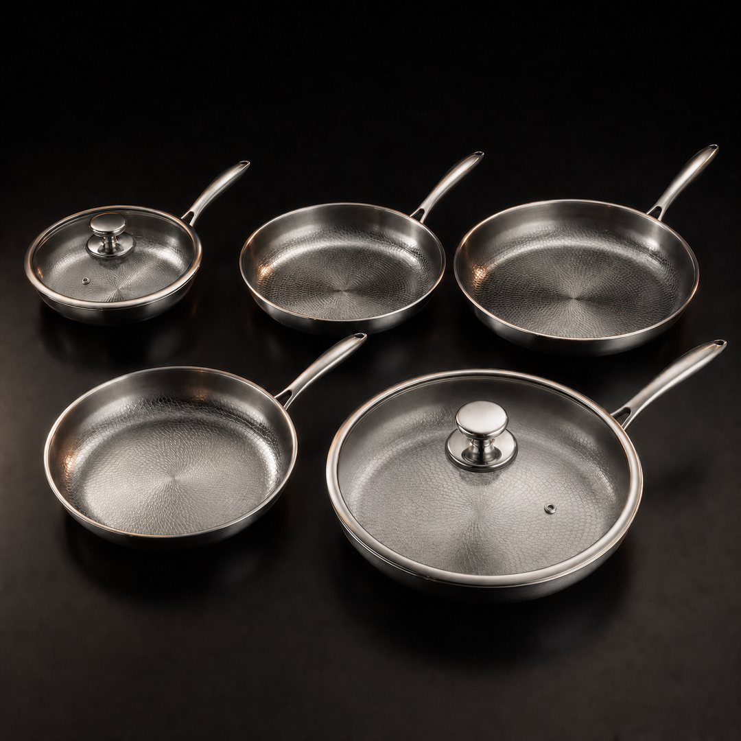 Hand-Hammered Titanium Frying Pan Set with 2 Lids, 5 Sizes (8–12 inch)