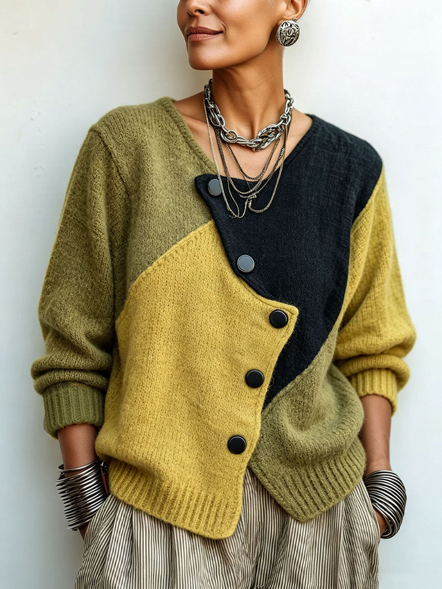 Women's Color-Block Knitted Sweater with Asymmetric Buttons, Relaxed Fit