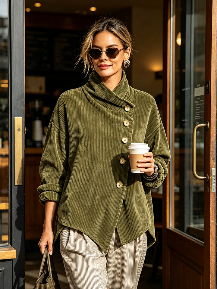 Women's Corduroy Sweatshirt with Asymmetric Button Placket and Draped Shawl Collar