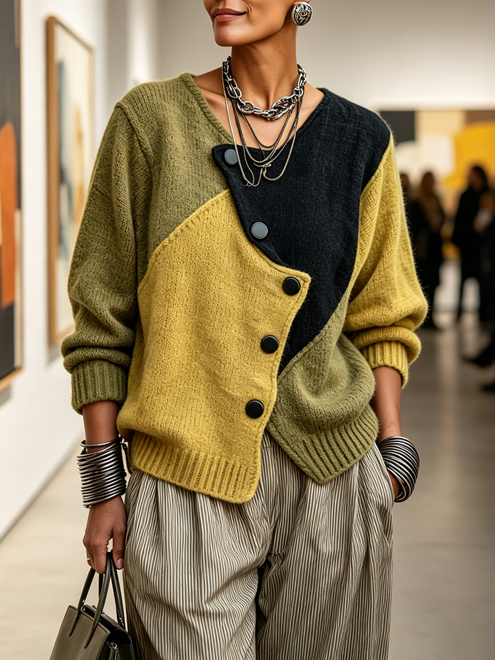 Women's Color-Block Knitted Sweater with Asymmetric Buttons, Relaxed Fit