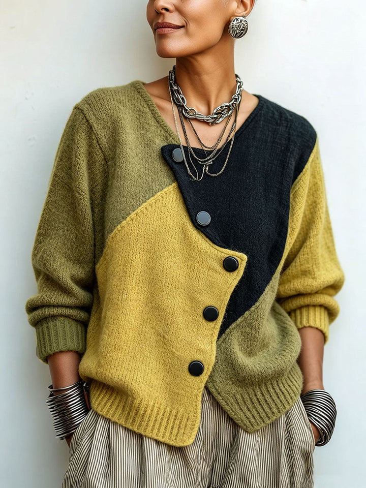 Women's Knit Sweater with Asymmetric Buttons in Color-Block Style