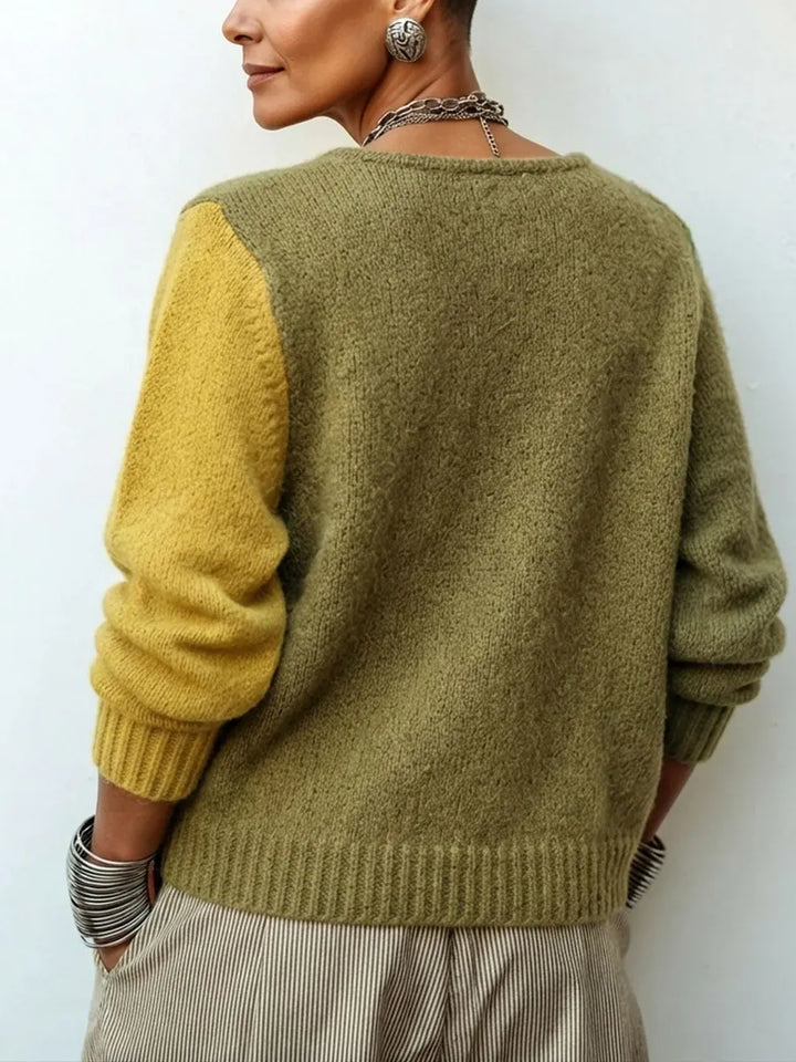 Women's Color-Block Knitted Sweater with Asymmetric Buttons, Relaxed Fit