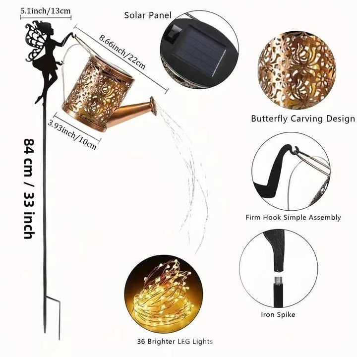 Outdoor Solar Garden Light with Metal Watering Can and Cascading LED String Copper