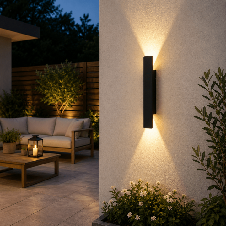 Outdoor Wall Sconce and Light with LED Up Down Lighting and Modern Rectangular Design