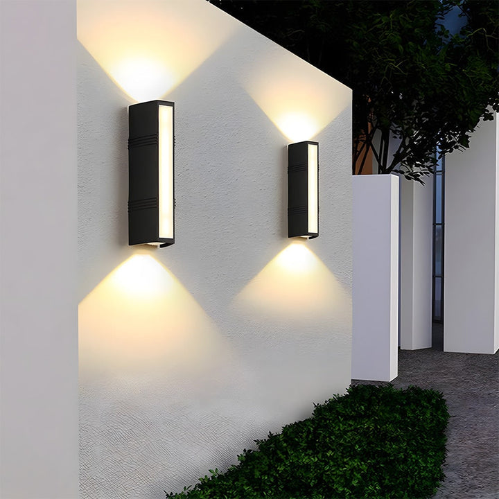 Outdoor Wall Sconce with Up and Down LED Lighting and Modern Architectural Design