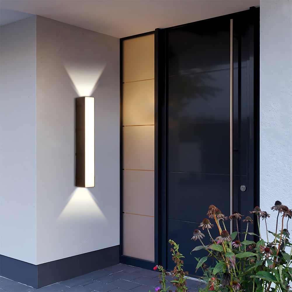 Outdoor Wall Sconce with Up and Down LED Lighting and Modern Architectural Design