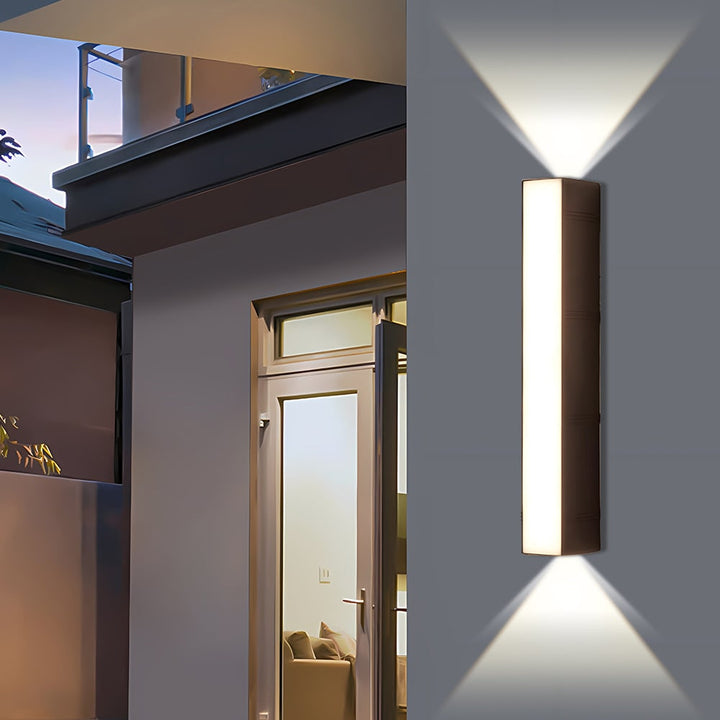 Outdoor Wall Sconce with Up and Down LED Lighting and Modern Architectural Design