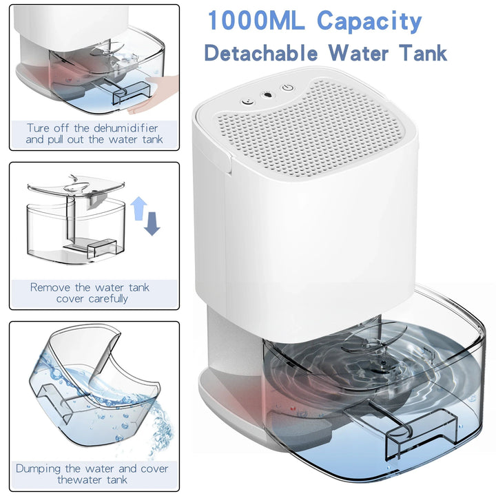 Portable Dehumidifier with Drain Hose for Basement Crawl Space and Air Purifier 1000ml