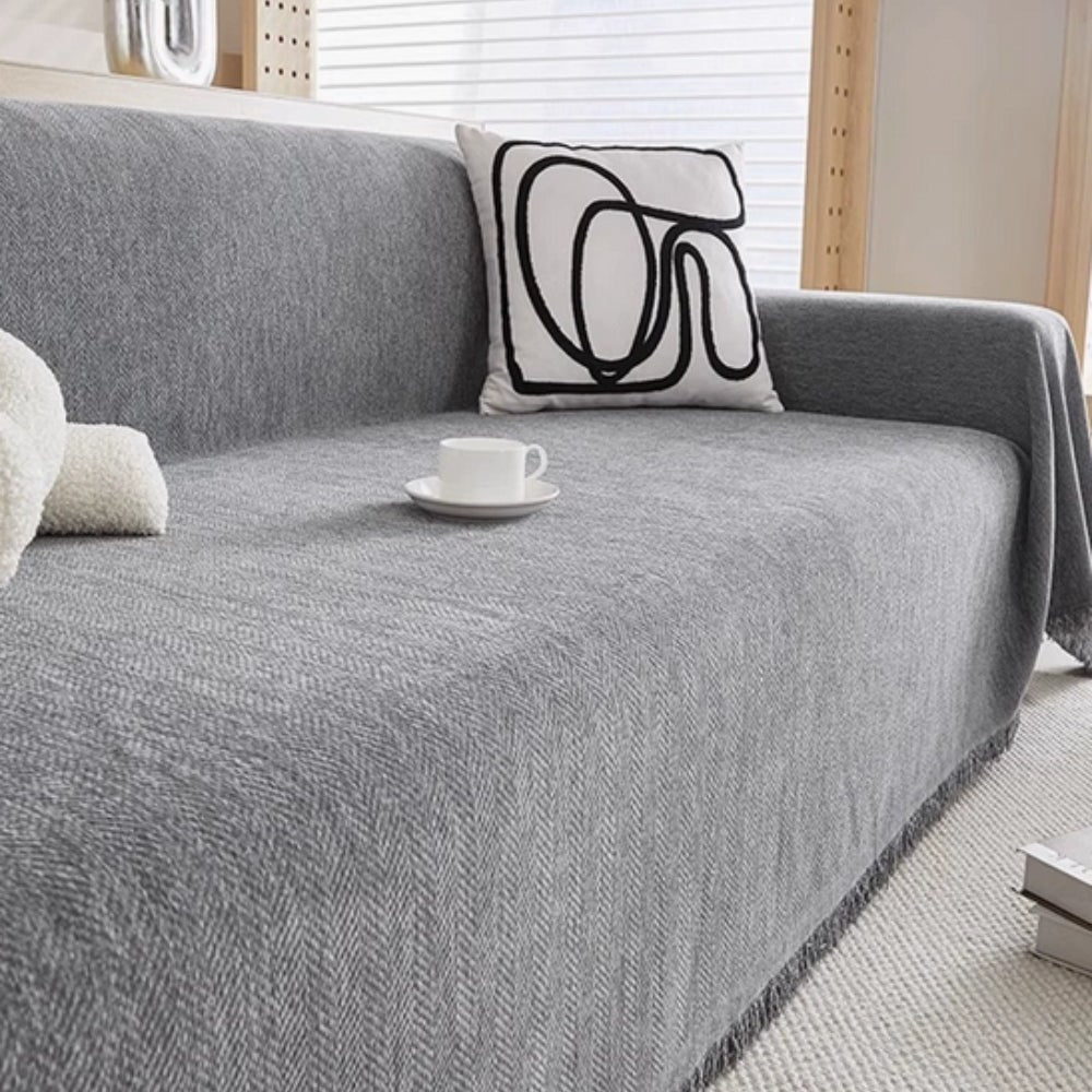 Sofa Throw Blanket with Woven Herringbone Pattern and Fringe Edges