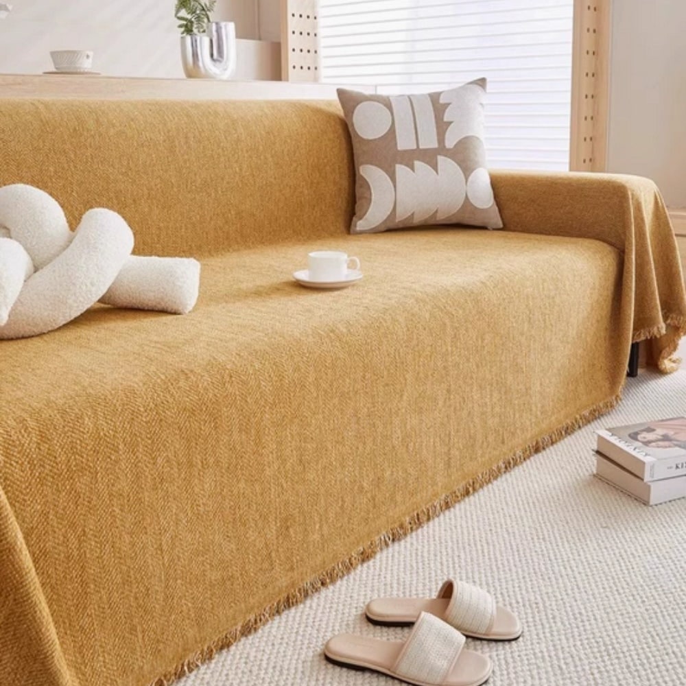 Sofa Throw Blanket with Woven Herringbone Pattern and Fringe Edges